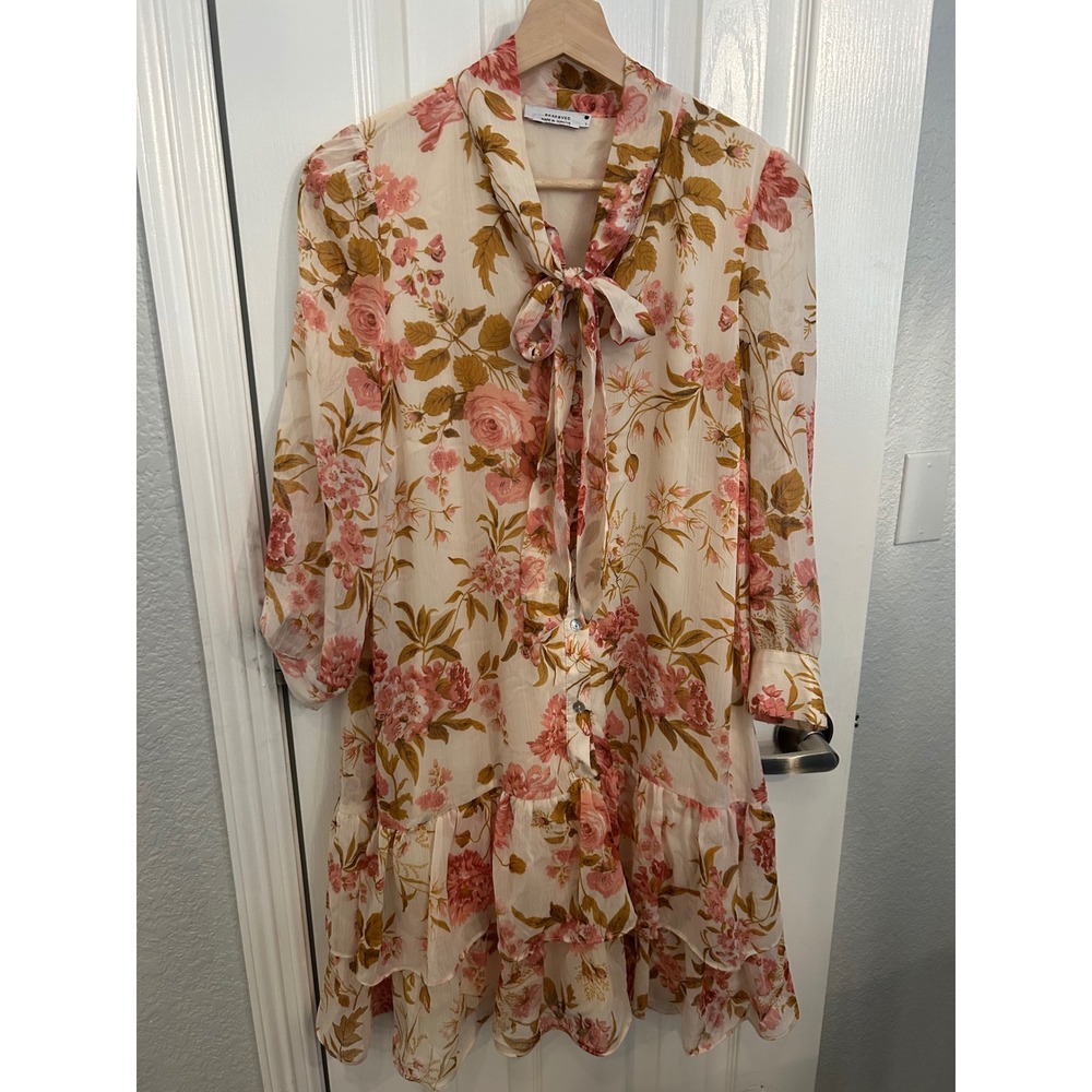 Reserved Floral Pussybow‎ Mini Dress Pink Ochre Tiered Ruffle Long Sleeve Large